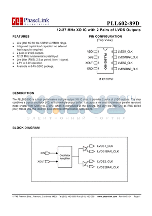 PLL602-89D datasheet - 12-27 MHz XO IC with 2 Pairs of LVDS Outputs