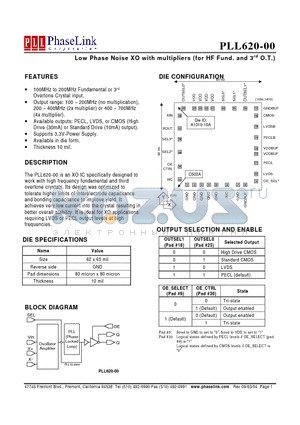 PLL620-00 datasheet - Low Phase Noise XO with multipliers (for HF Fund. and 3rd O.T.)