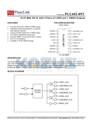 PLL602-89TXC datasheet - 12-27 MHz XO IC with 3 Pairs of LVDS and 1 CMOS Outputs