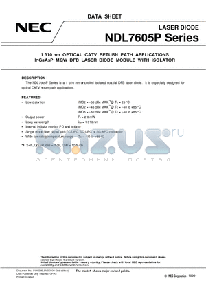 NDL7605P2C datasheet - 1 310 nm OPTICAL CATV RETURN PATH APPLICATIONS InGaAsP MQW DFB LASER DIODE MODULE WITH ISOLATOR