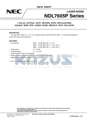 NDL7605P2D datasheet - 1 310 nm OPTICAL CATV RETURN PATH APPLICATIONS InGaAsP MQW DFB LASER DIODE MODULE WITH ISOLATOR
