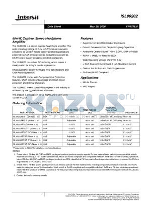 ISL99202IRTAZ datasheet - 60mW, Capfree, Stereo Headphone Amplifier