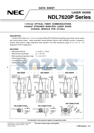 NDL7620P datasheet - 1 310 nm OPTICAL FIBER COMMUNICATIONS InGaAsP STRAINED MQW-DFB LASER DIODE COAXIAL MODULE FOR 2.5 Gb/s