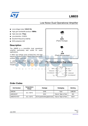 LM833YD datasheet - Low Noise Dual Operational Amplifier