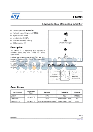 LM833N datasheet - Low Noise Dual Operational Amplifier