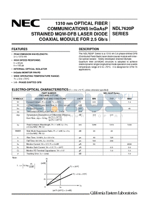 NDL7620P datasheet - 1310 nm OPTICAL FIBER COMMUNICATIONS InGaAsP STRAINED MQW-DFB LASER DIODE COAXIAL MODULE FOR 2.5 Gb/s