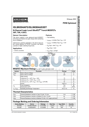 ISL9N304AP3 datasheet - N-Channel Logic Level UltraFET Trench MOSFETs 30V, 75A, 4.5m