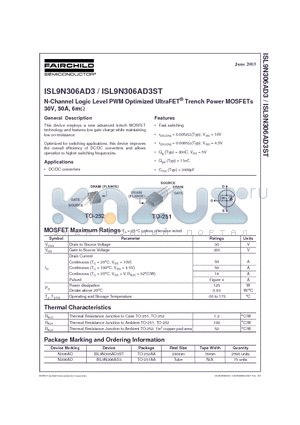 ISL9N306AD3 datasheet - N-Channel Logic Level PWM Optimized UltraFET Trench Power MOSFETs 30V, 50A, 6m