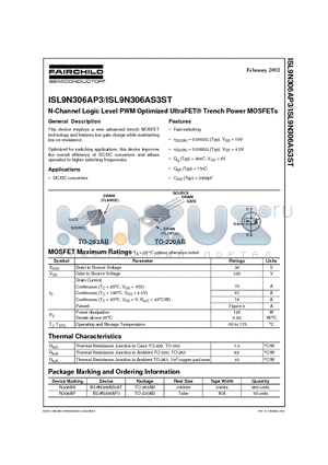 ISL9N306AP3 datasheet - N-Channel Logic Level PWM Optimized UltraFET Trench Power MOSFETs