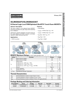 ISL9N306AS3ST datasheet - N-Channel Logic Level PWM Optimized UltraFET Trench Power MOSFETs