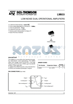 LM833 datasheet - LOW NOISE DUAL OPERATIONAL AMPLIFIERS