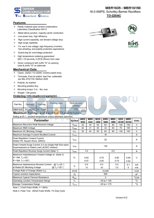MBR16150 datasheet - 16.0 AMPS. Schottky Barrier Rectifiers High surge capability