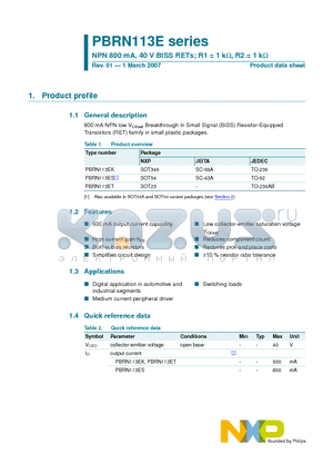 PBRN113E datasheet - NPN 800 mA, 40 V BISS RETs; R1 = 1 k, R2 = 1 k