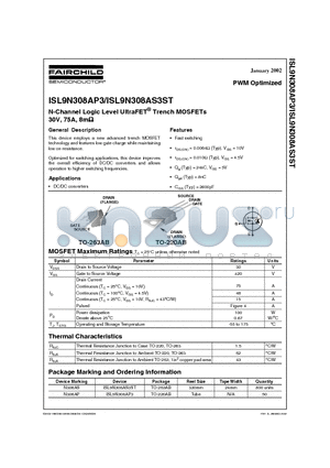ISL9N308AS3ST datasheet - N-Channel Logic Level UltraFET  Trench MOSFETs 30V, 75A, 8m 