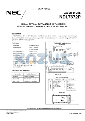 NDL7672PC datasheet - 1310 nm OPTICAL CATV/ANALOG APPLICATIONS InGaAsP MQW-DFB LASER DIODE MODULE
