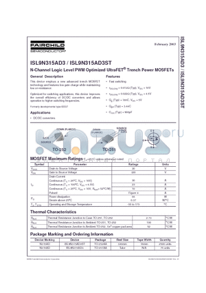 ISL9N315AD3 datasheet - N-Channel Logic Level PWM Optimized UltraFET Trench Power MOSFETs