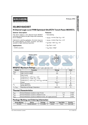 ISL9N318AD3ST datasheet - N-Channel Logic Level PWM Optimized UltraFET Trench Power MOSFETs