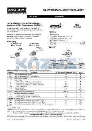 ISL9N7030BLP3 datasheet - 30V, 0.009 Ohm, 75A, N-Channel Logic Level UltraFET Trench Power MOSFETs