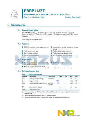 PBRP113ZT datasheet - PNP 800 mA, 40 V BISS RET; R1 = 1 kW, R2 = 10 kW