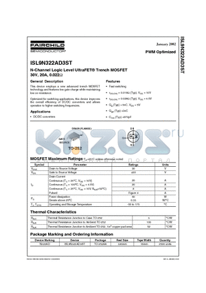 ISL9N322AD3ST datasheet - N-Channel Logic Level UltraFET Trench MOSFET 30V, 20A, 0.022 
