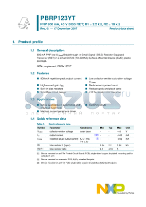 PBRP123YT datasheet - PNP 800 mA, 40 V BISS RET; R1 = 2.2 kW, R2 = 10 kW