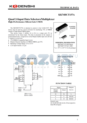 KK74HCT157A datasheet - Quad 2-Input Data Selectors/Multiplexer High-Performance Silicon-Gate CMOS