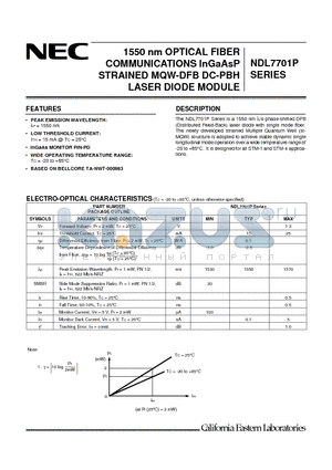 NDL7701P1D datasheet - 1550 nm OPTICAL FIBER COMMUNICATIONS InGaAsP STRAINED MQW-DFB DC-PBH LASER DIODE MODULE