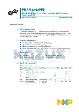 PBSM5240PFH datasheet - 40 V, 2 A PNP low VCEsat (BISS) transistor with N-channel Trench MOSFET