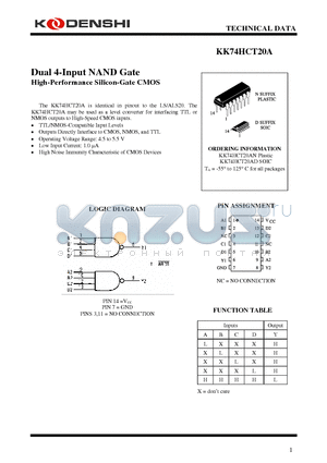 KK74HCT20A datasheet - Dual 4-Input NAND Gate High-Performance Silicon-Gate CMOS