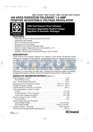 OMR117 datasheet - 100 kRAD RADIATION TOLERANT 1.5 AMP POSITIVE ADJUSTABLE VOLTAGE REGULATOR