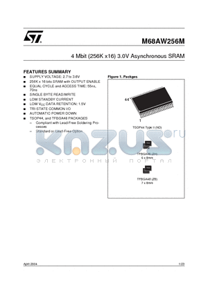 M68AW256ML70ZB6T datasheet - 4 Mbit (256K x16) 3.0V Asynchronous SRAM