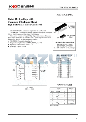 KK74HCT273A datasheet - Octal D Flip-Flop with Common Clock and Reset High-Performance Silicon-Gate CMOS