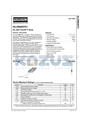 ISL9R860PF2 datasheet - 8A, 600V Stealth Diode