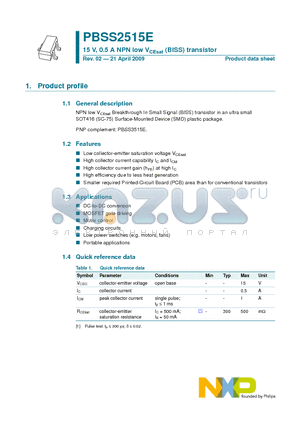 PBSS2515E datasheet - 15 V, 0.5 A NPN low VCEsat (BISS) transistor