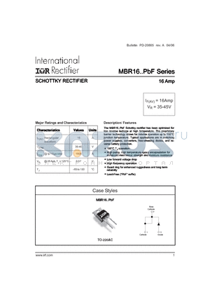 MBR1635PBF datasheet - SCHOTTKY RECTIFIER 16 Amp (IF(AV) = 16Amp , VR = 35-45V )