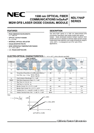 NDL7705PD datasheet - 1500 nm OPTICAL FIBER COMMUNICATIONS InGaAsP MQW-DFB LASER DIODE COAXIAL MODULE