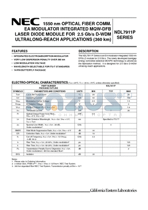 NDL7911PD485 datasheet - 1550 nm OPTICAL FIBER COMM EA MODULATOR INTEGRATED MQW-DFB LASER DIODE MODULE FOR 2.5 Gb/s D-WDM ULTRALONG-REACH APPLICATIONS (360 km)