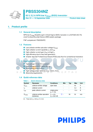 PBSS304NZ datasheet - 60 V, 5.2 A NPN low VCEsat (BISS) transistor