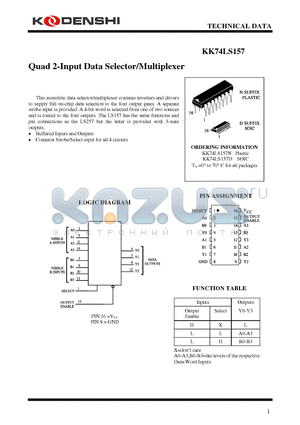 KK74LS157D datasheet - Quad 2-Input Data Selector/Multiplexer