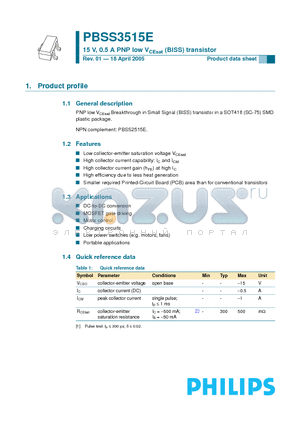 PBSS3515E datasheet - 15 V, 0.5 A PNP low VCEsat (BISS) transistor