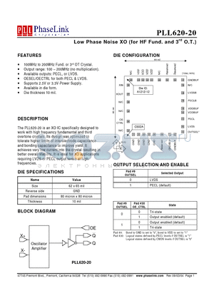 PLL620-20 datasheet - Low Phase Noise XO (for HF Fund. and 3rd O.T.)