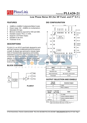 PLL620-21DI datasheet - Low Phase Noise XO (for HF Fund. and 3-rd O.T.)