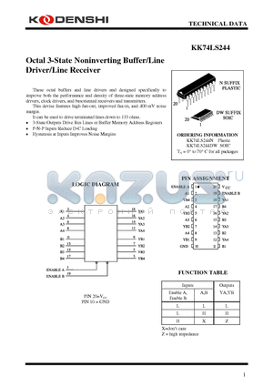 KK74LS244N datasheet - Octal 3-State Noninverting Buffer/Line Driver/Line Receiver