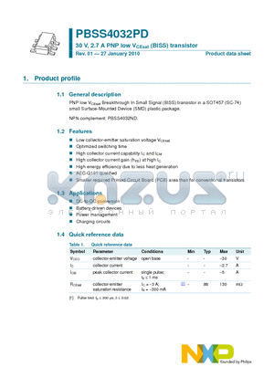 PBSS4032PD datasheet - 30 V, 2.7 A PNP low VCEsat (BISS) transistor