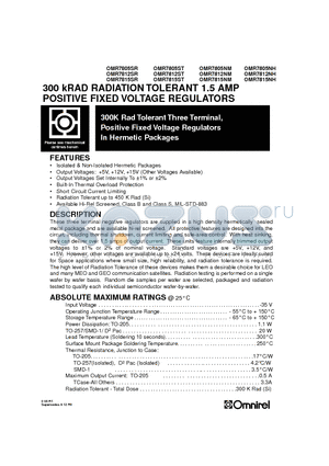 OMR7805 datasheet - 300 kRAD RADIATION TOLERANT 1.5 AMP POSITIVE FIXED VOLTAGE REGULATORS