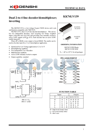 KK74LV139 datasheet - Dual 2-to-4 line decoder/demultiplexer; inverting