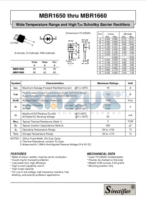 MBR1650 datasheet - Wide Temperature Range and High Tjm Schottky Barrier Rectifiers