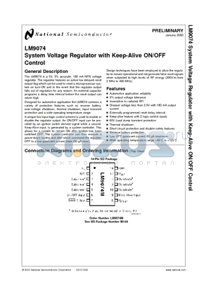 LM9074 datasheet - System Voltage Regulator with Keep-Alive ON/OFF