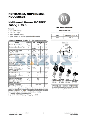 NDP05N50ZG datasheet - N-Channel Power MOSFET 500 V, 1.25 