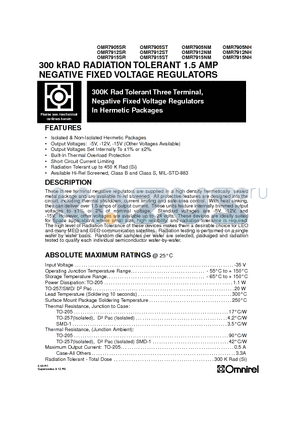 OMR7905ST datasheet - 300 kRAD RADIATION TOLERANT 1.5 AMP NEGATIVE FIXED VOLTAGE REGULATORS